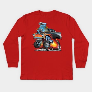 Classic hot rod fifties style gasser drag racing muscle car, red hot flames, big engine, lots of chrome, cartoon illustration Kids Long Sleeve T-Shirt